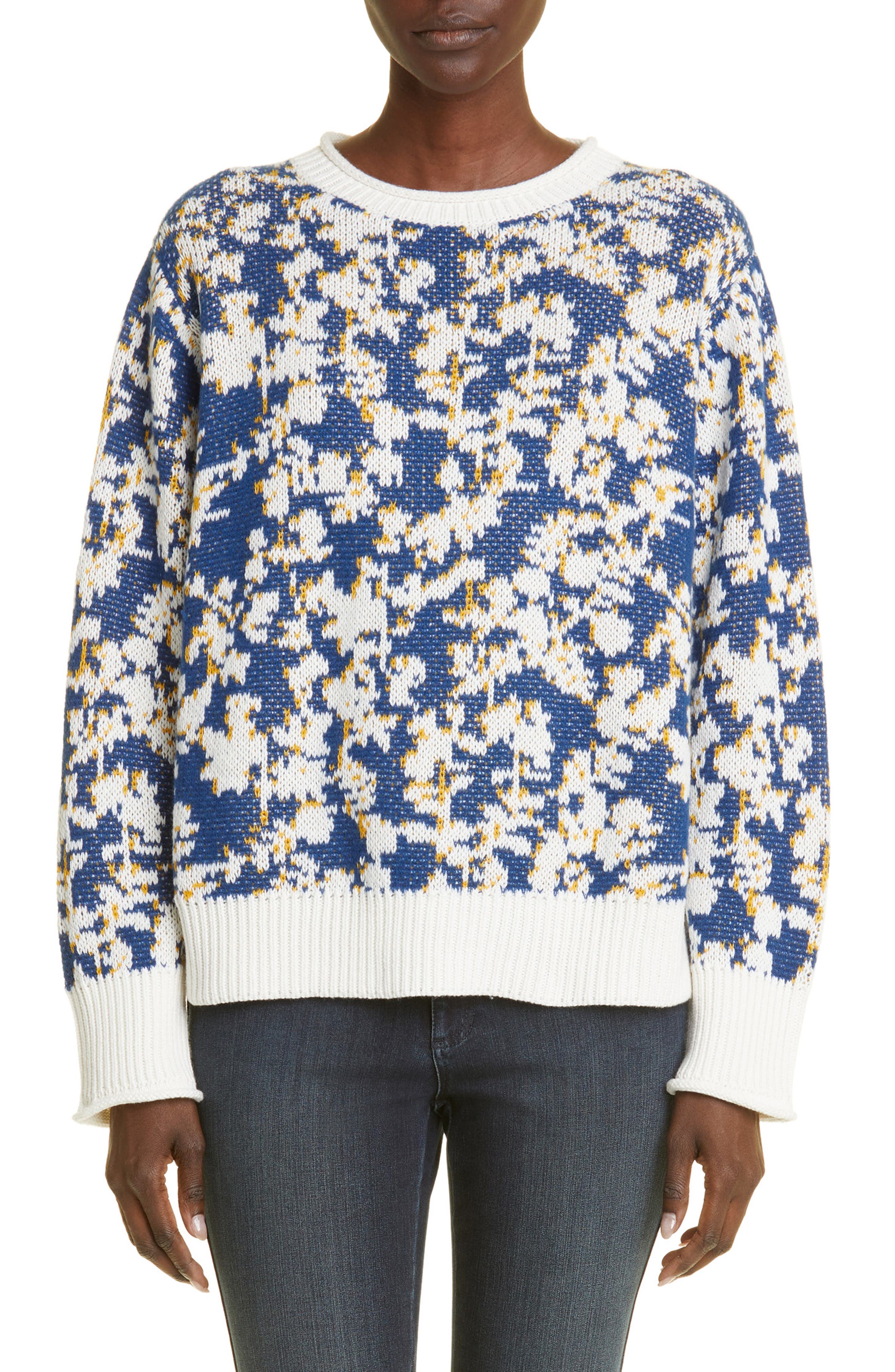 Lafayette 148 New York Floral Jacquard Cashmere & Cotton Blend Sweater