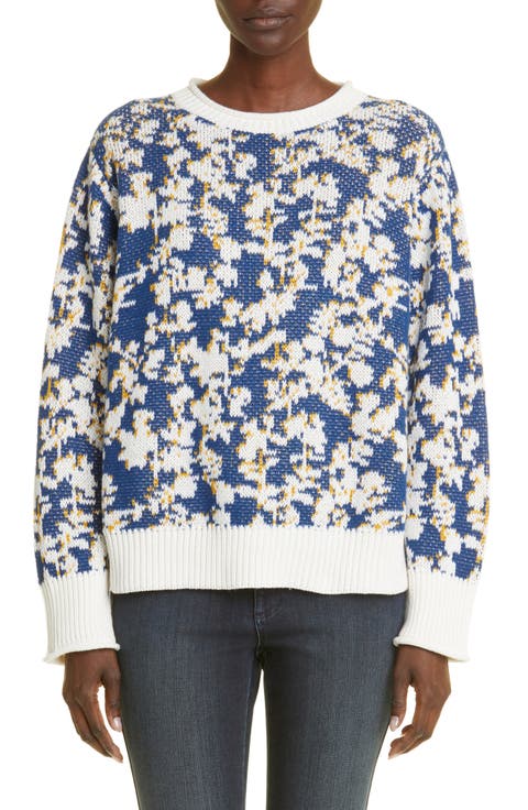 Floral Jacquard Cashmere & Cotton Blend Sweater