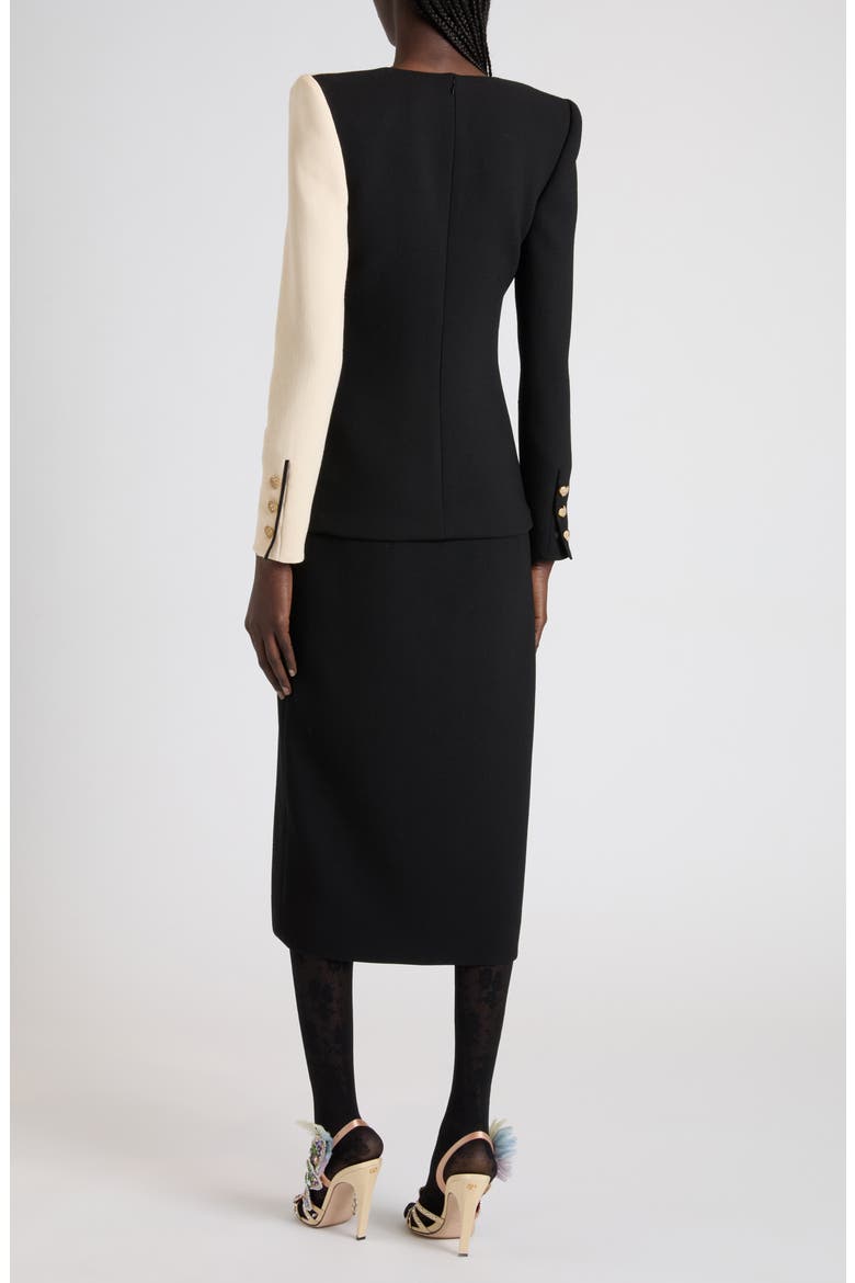 Bow Detail Long Sleeve Crepe Couture Dress, Alternate, color, BLACK/ CREAM