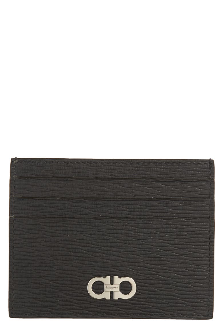 Salvatore Ferragamo Revival Leather Card Case, Main, color, WEGNER GREY/ TABACCO/ NERO