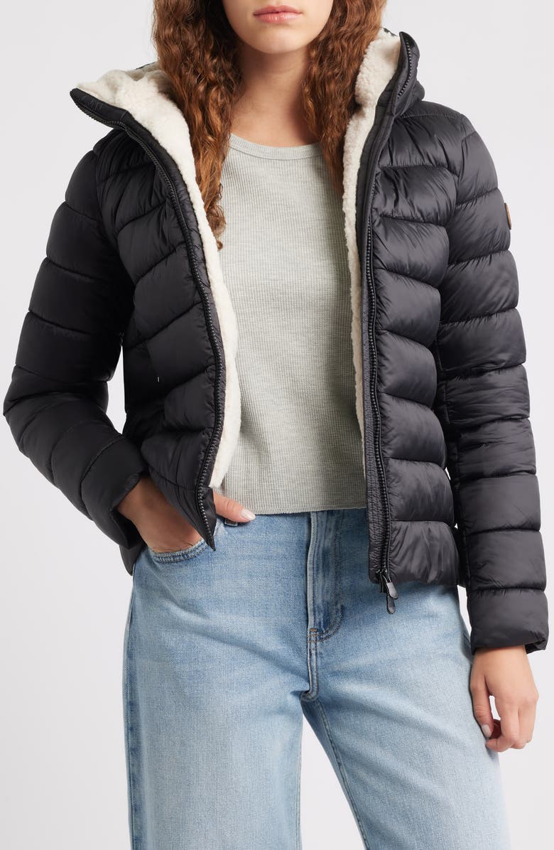 Save The Duck Gretel Faux Shearling Lining Hooded Puffer Jacket, Alternate, color, Black