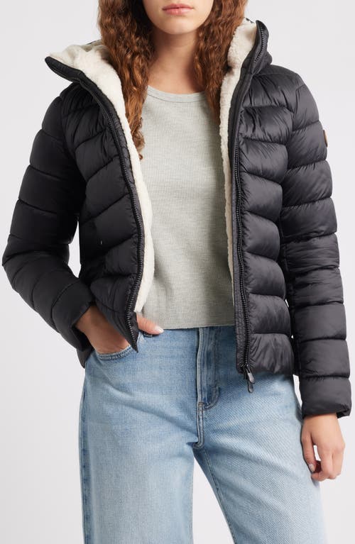 Save The Duck Gretel Faux Shearling Lining Hooded Puffer Jacket In Black