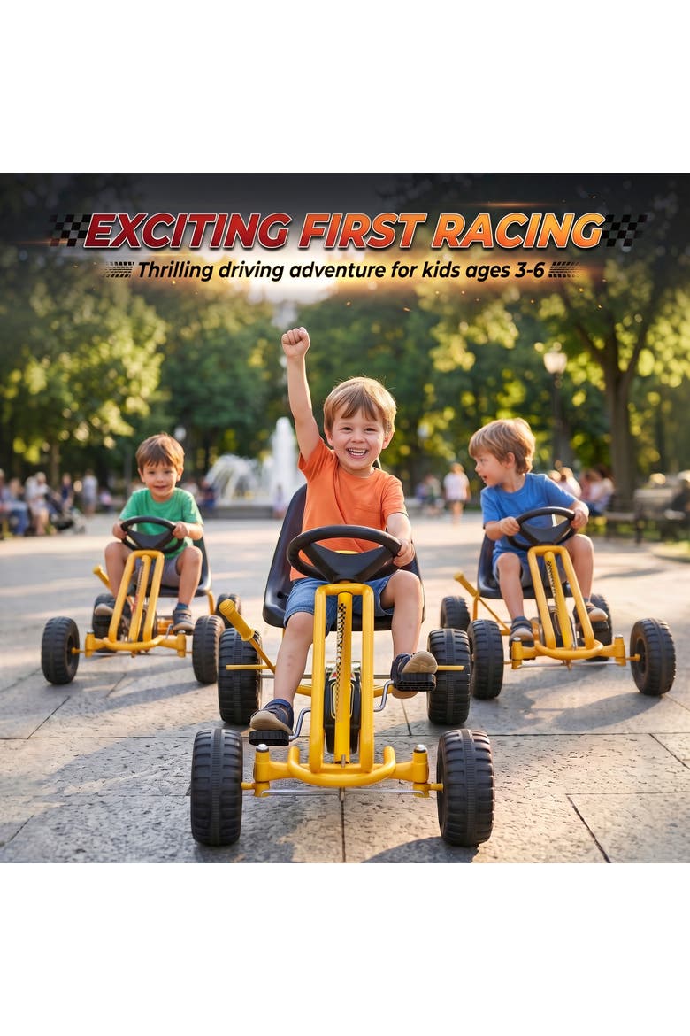 Kids 4-Wheel Pedal Go Kart, Adjustable Seat, Hand Brake, Outdoor Racer, Yellow, Alternate, color, Yellow