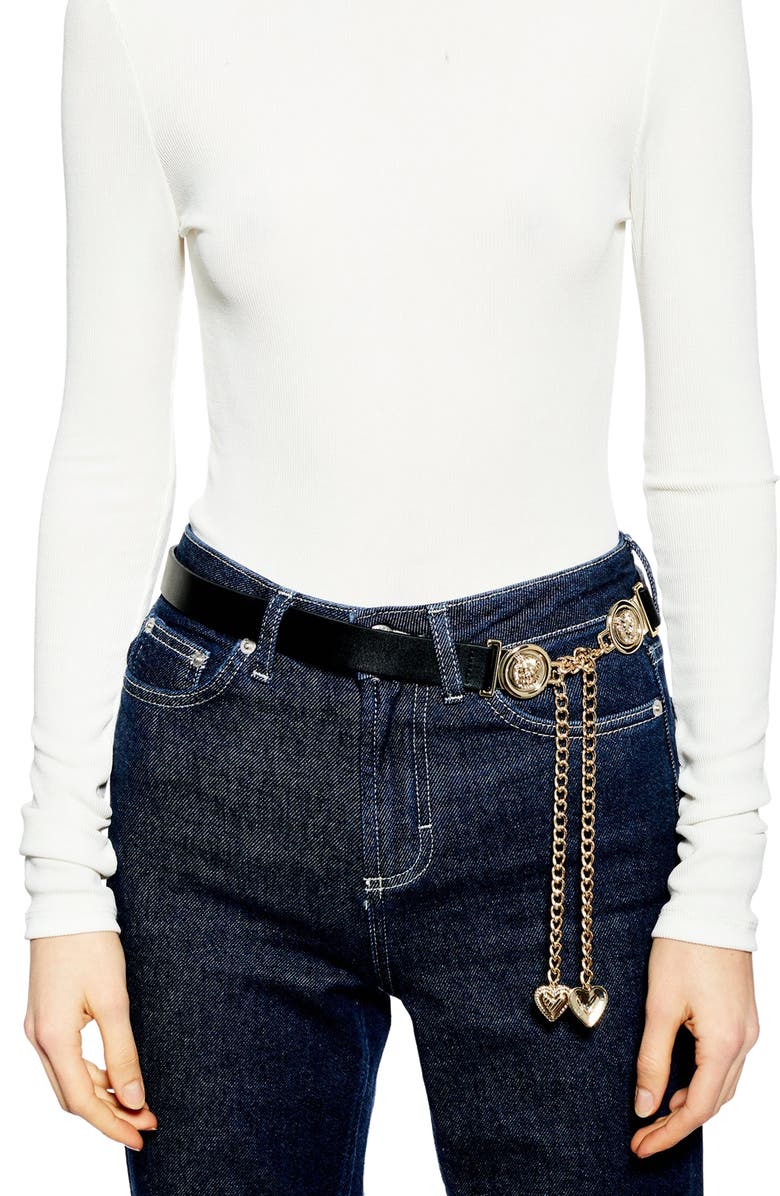 Topshop Lion Head Chain & Faux Leather Skinny Tie Belt, Alternate, color,