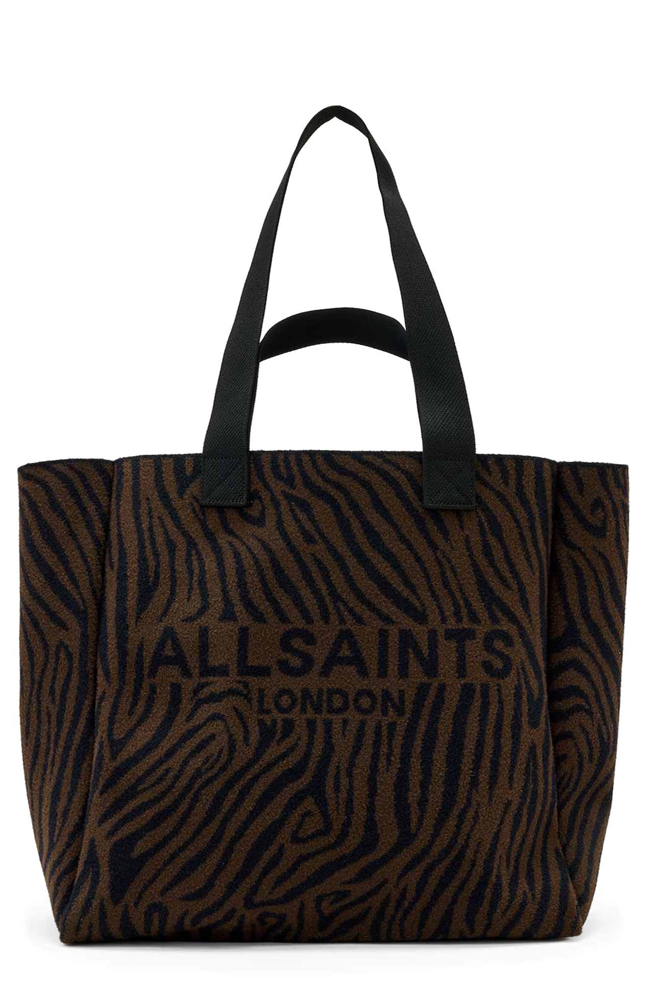 AllSaints Izzy Zebra Stripe Tote, Main, color, Black/ Brown