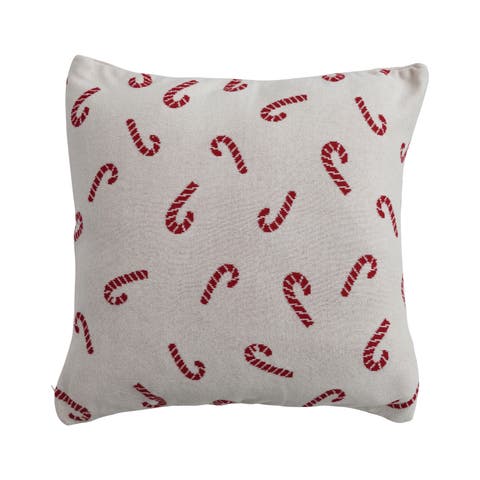 Whimsical Cotton Knit Pillow with Candy Cane Pattern, Natural and Red