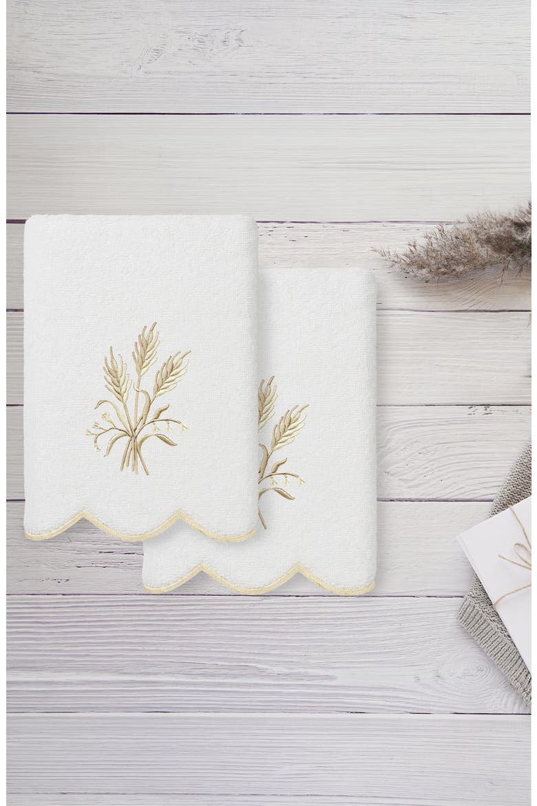 Whitney Scallop Set of 2 Turkish Cotton Hand Towels, Alternate, color, WHITE/ BEIGE