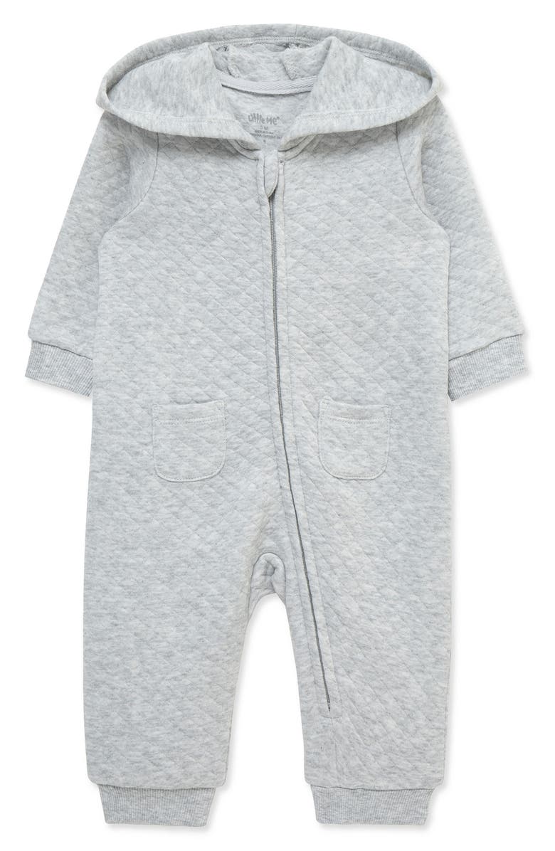 Little Me Quilted Hooded Romper, Main, color, Heather Gray