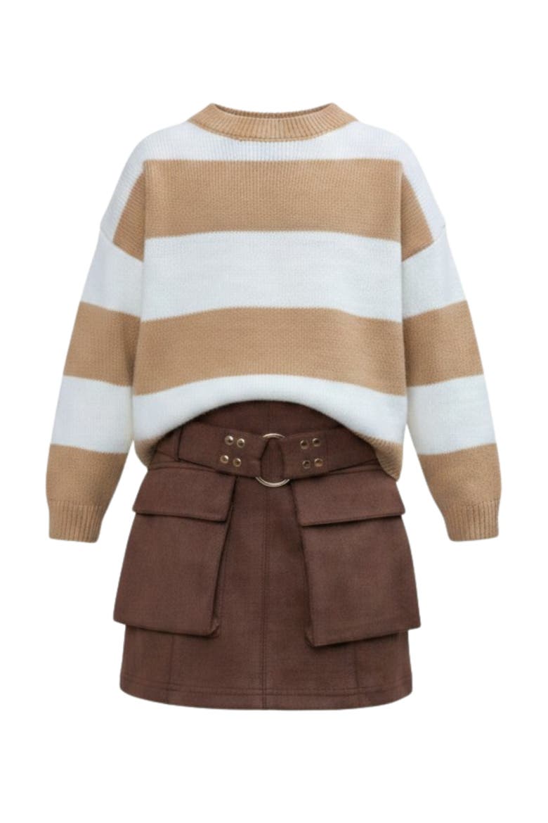 Stripe Sweater & Faux Suede Utility Skirt Set, Main, color, Brown