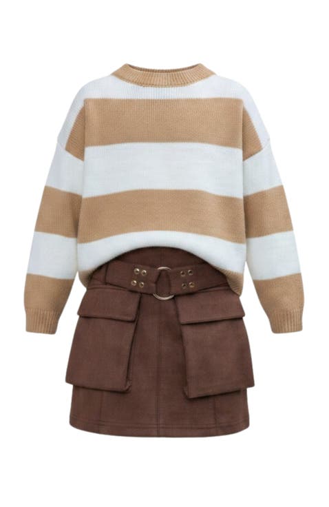 Stripe Sweater & Faux Suede Utility Skirt Set