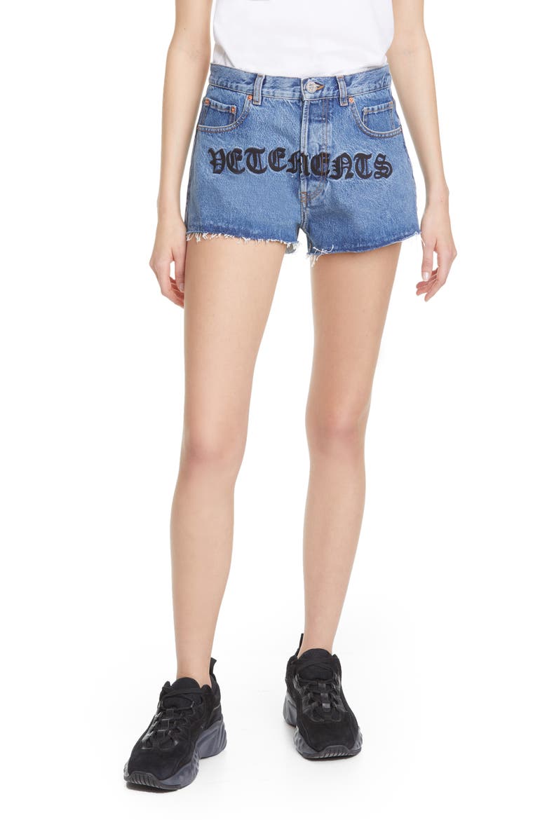 Gothic Logo Denim Shorts, Main, color, BLUE