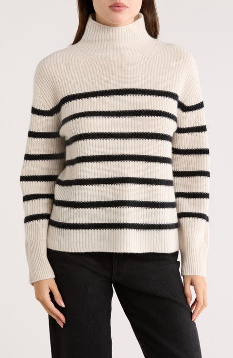 Cashmere Stripe Mock Neck Ribbed Sweater