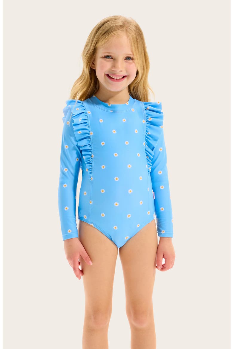 Kids' Daisy Chain One-Piece Rashguard Swimsuit, Alternate, color, DAISY CHAIN BLUE