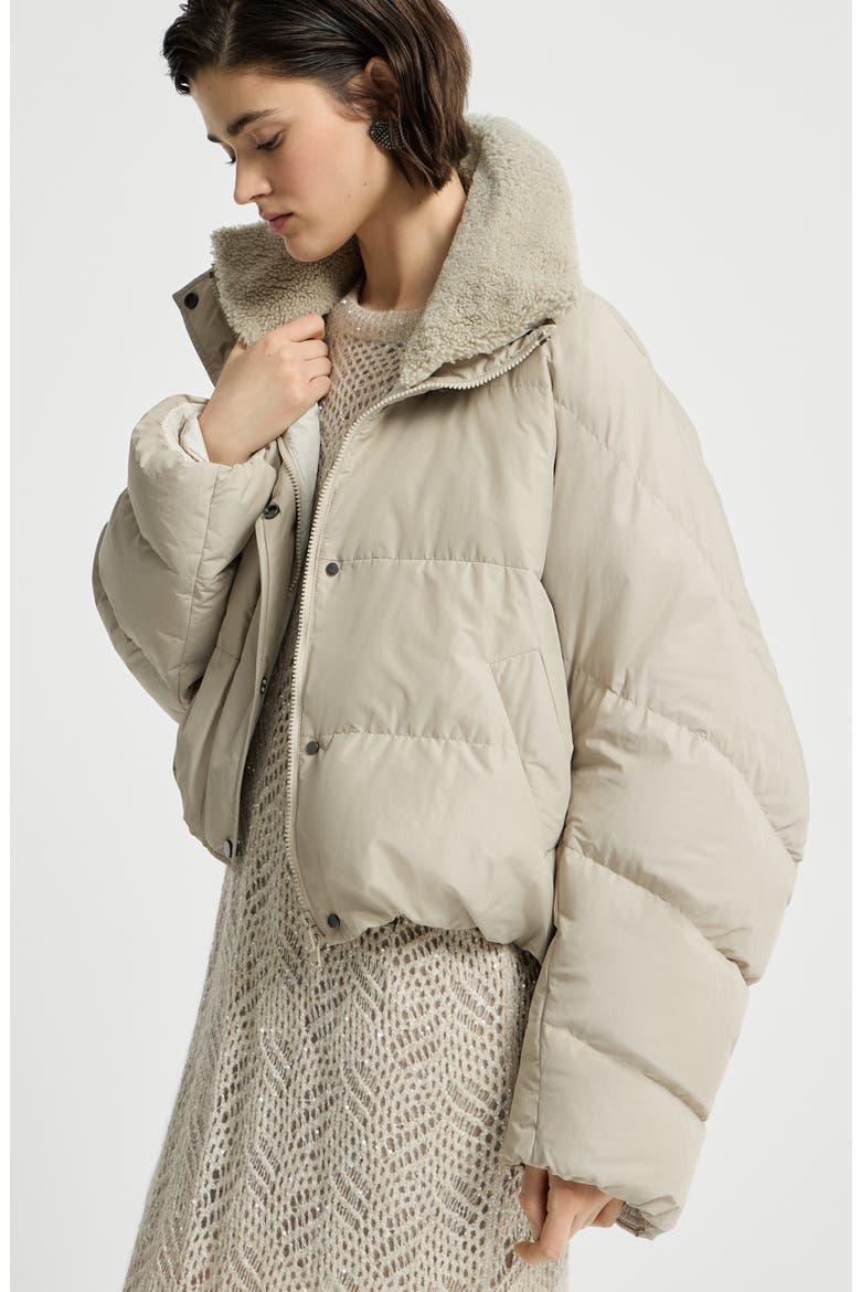 Techno cotton taffeta down jacket with detachable shearling insert and monili, Alternate, color, Sand