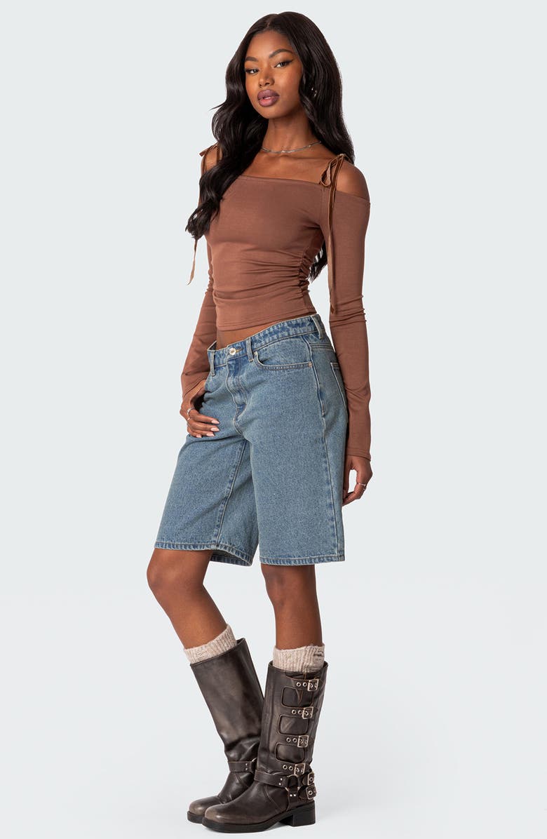 EDIKTED Velvet Tie Off the Shoulder Top, Alternate, color, Brown