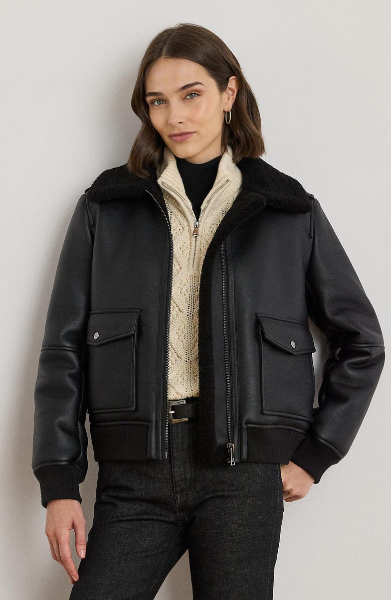 Lauren Ralph Lauren Faux Shearling Bomber Jacket, Alternate, color, Black