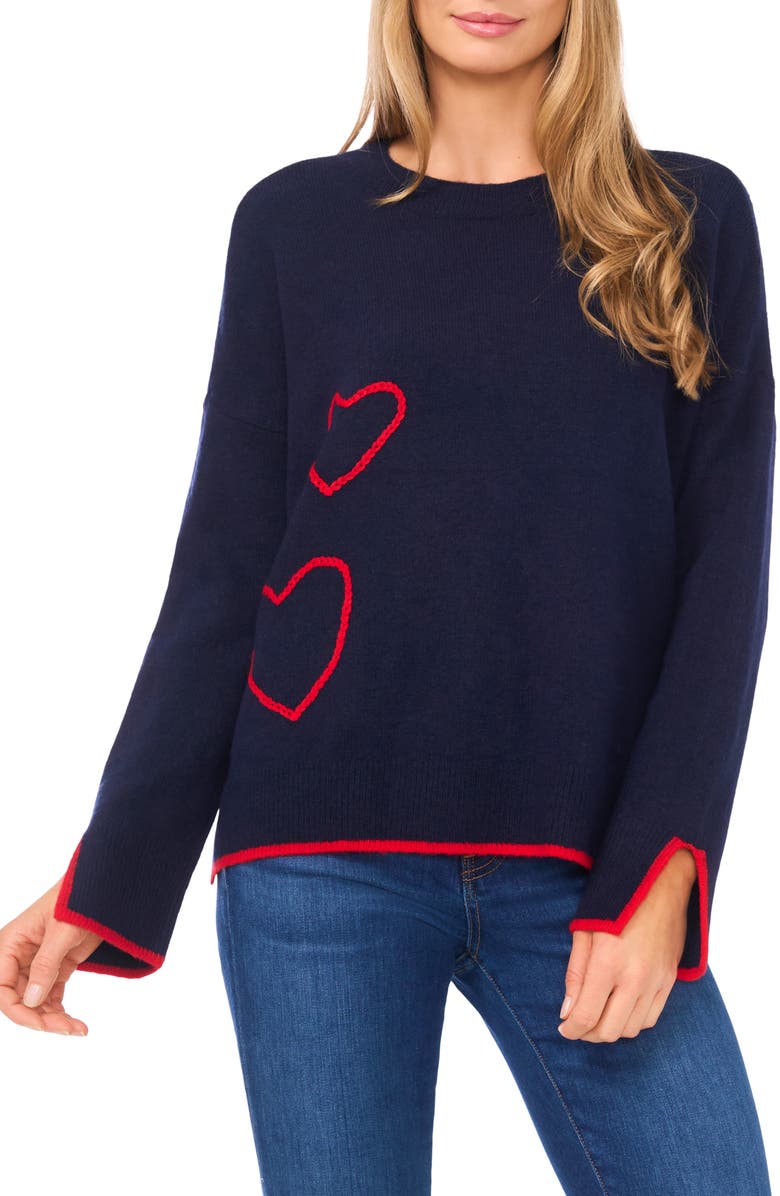 CeCe Embroidered Heart Tipped Sweater, Main, color, Classic Navy
