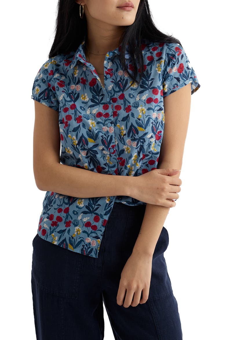 Rushmaker Floral Organic Cotton Voile Button-Up Shirt, Main, color, SPRING STEMS SEASCAPE MIX