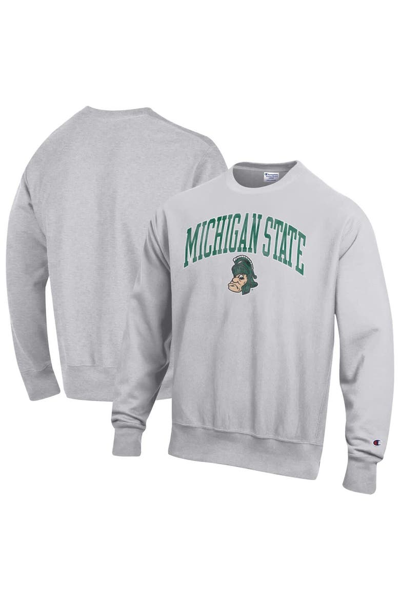 Men's Champion Gray Michigan State Spartans Distressed Arch Over Logo Reverse Weave Crew Neck Sweatshirt, Main, color, Gray