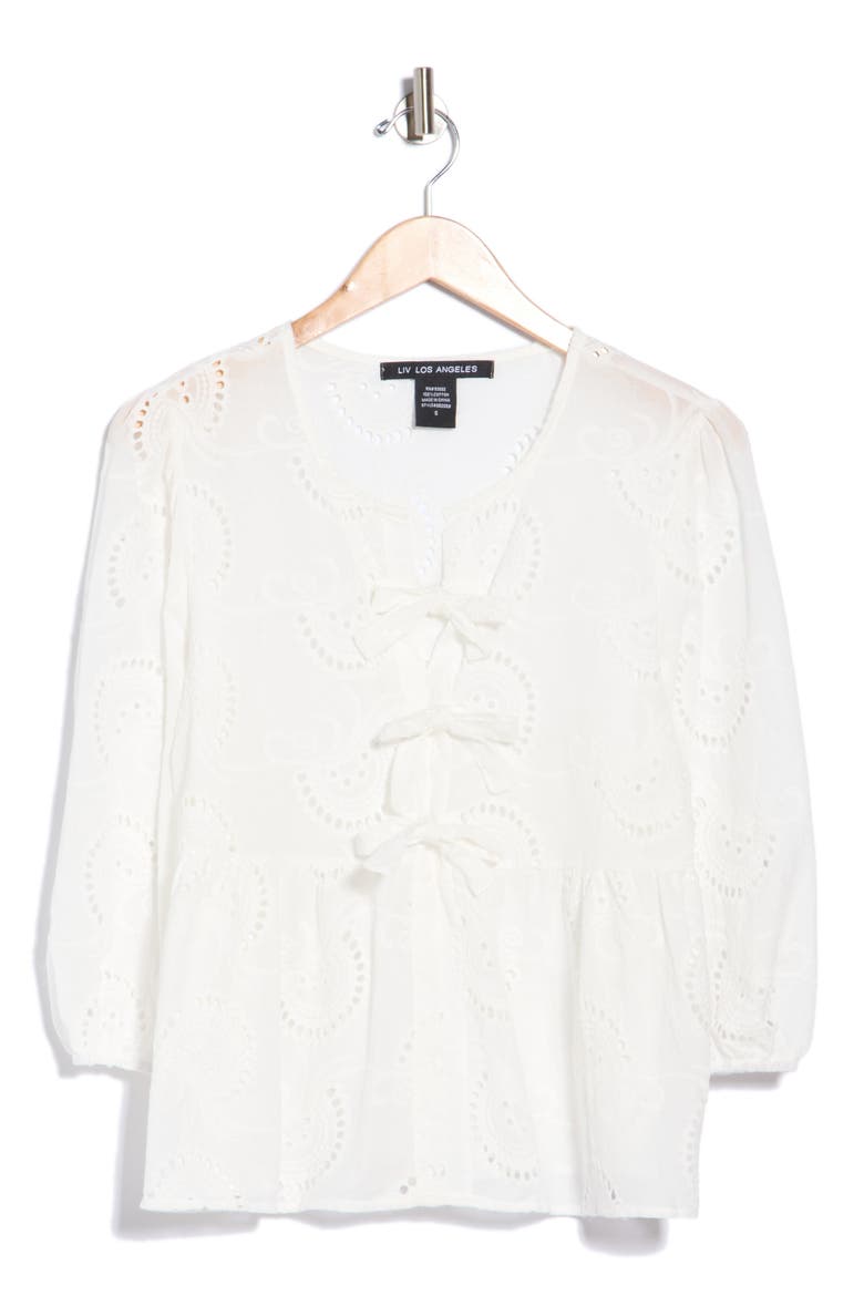 Bow Front Eyelet Cotton Top, Main, color, WHITE