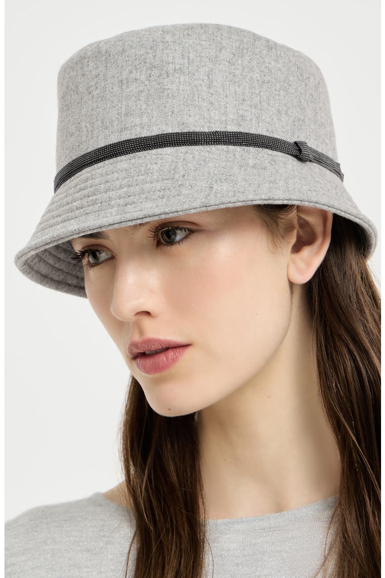 Virgin wool and cashmere flannel bucket hat with shiny band, Alternate, color, Light Grey