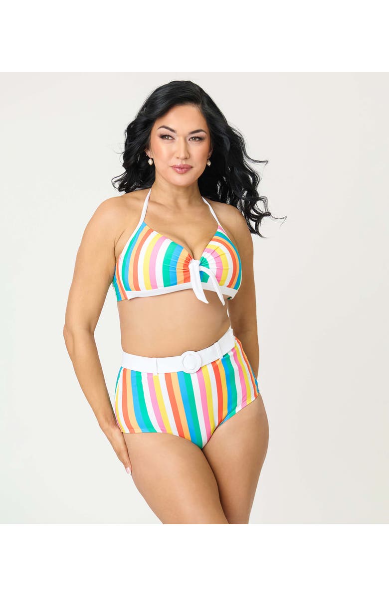 Unique Vintage Bow Halter Swim Top, Main, color, Blue Rainbow Stripe