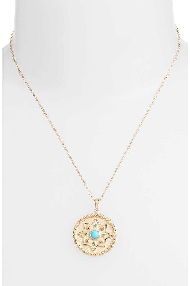 Dew Drop Mayan Turquoise & Emerald Disc Pendant Necklace, Alternate, color, GOLD