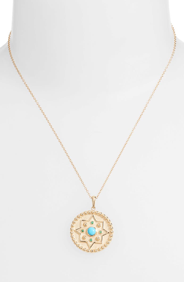Anzie Dew Drop Mayan Turquoise & Emerald Disc Pendant Necklace, Alternate, color, Gold