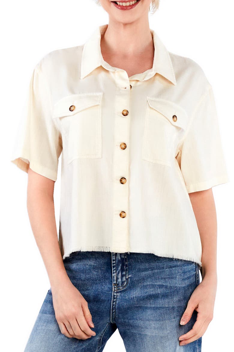 Emily Frayed Short Sleeve Denim Button-Up Shirt, Main, color, EGGSHELL