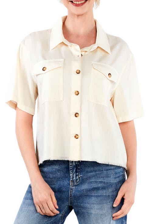 Emily Frayed Short Sleeve Denim Button-Up Shirt