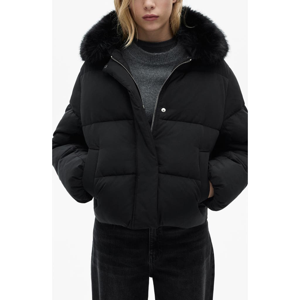 Mango Quilted Puffer Jacket With Removable Faux Fur Collar In Black