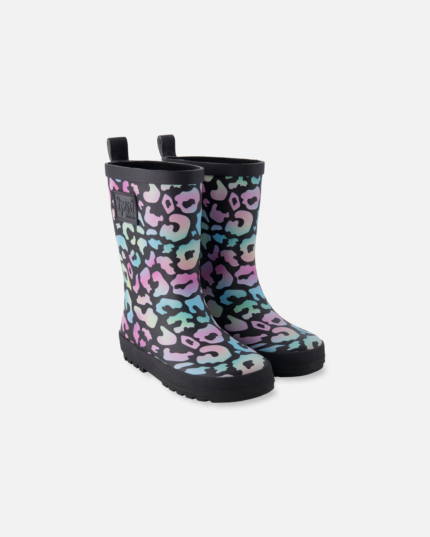 Deux par Deux Girl Waterproof Animal Rain Boots in Natural Rubber, Main, color, Black Animal Print