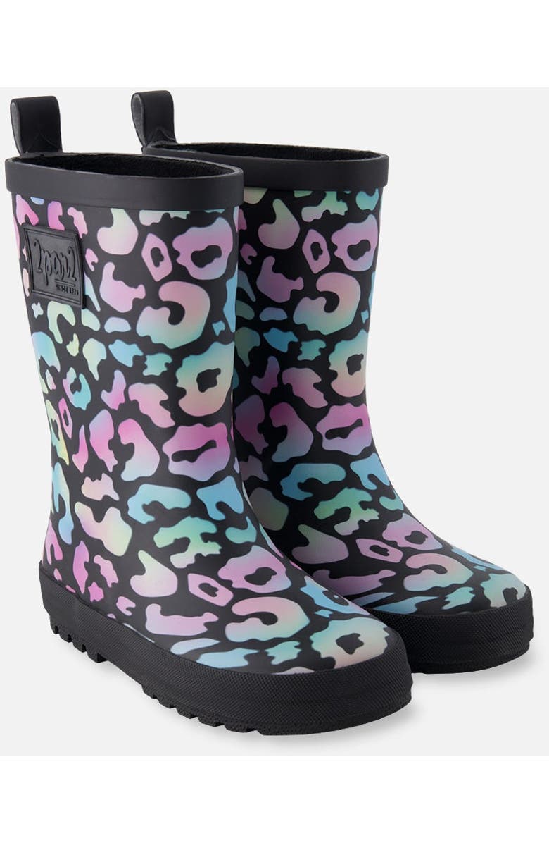 Deux par Deux Girl Waterproof Animal Rain Boots in Natural Rubber, Main, color, Black Animal Print