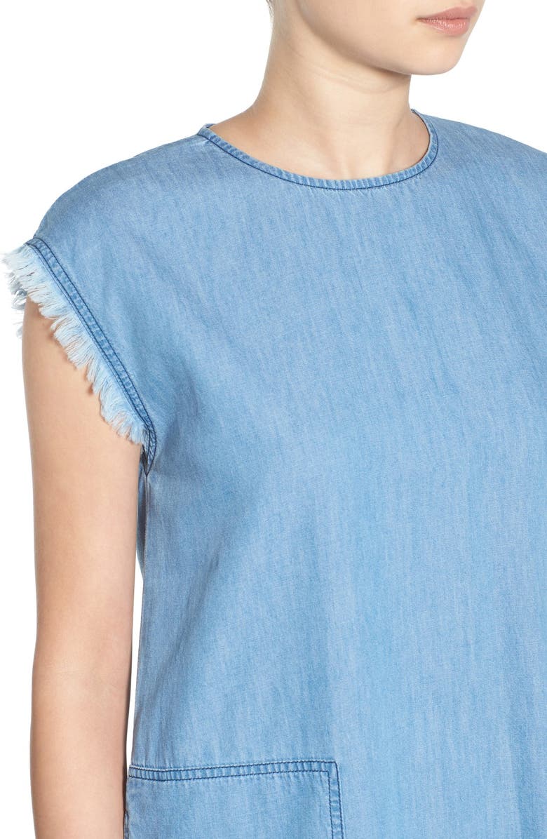 BP. Frayed Denim Shift Dress, Alternate, color, 