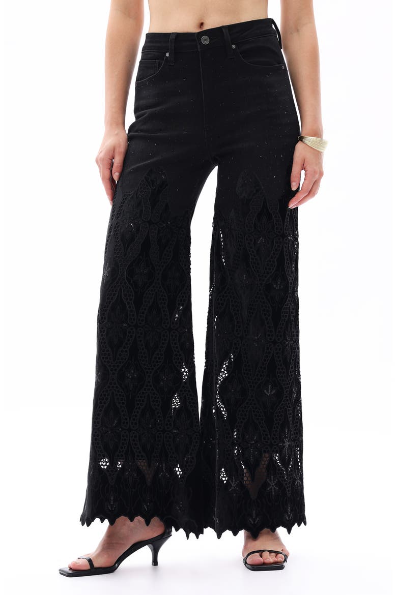 Rhinestone Embroidered High Waist Wide Leg Jeans, Main, color, BLACK