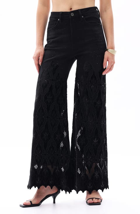 Rhinestone Embroidered High Waist Wide Leg Jeans