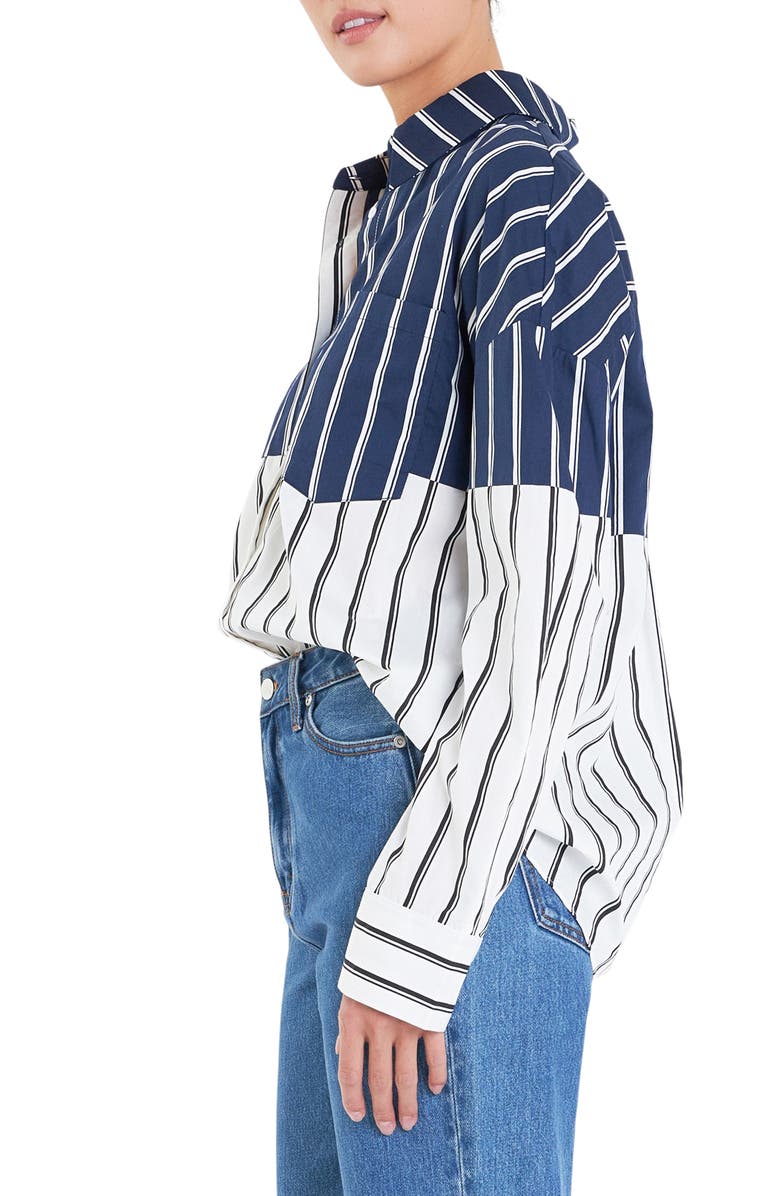 English Factory Stripe Colorblock Button-Up Shirt, Alternate, color,
