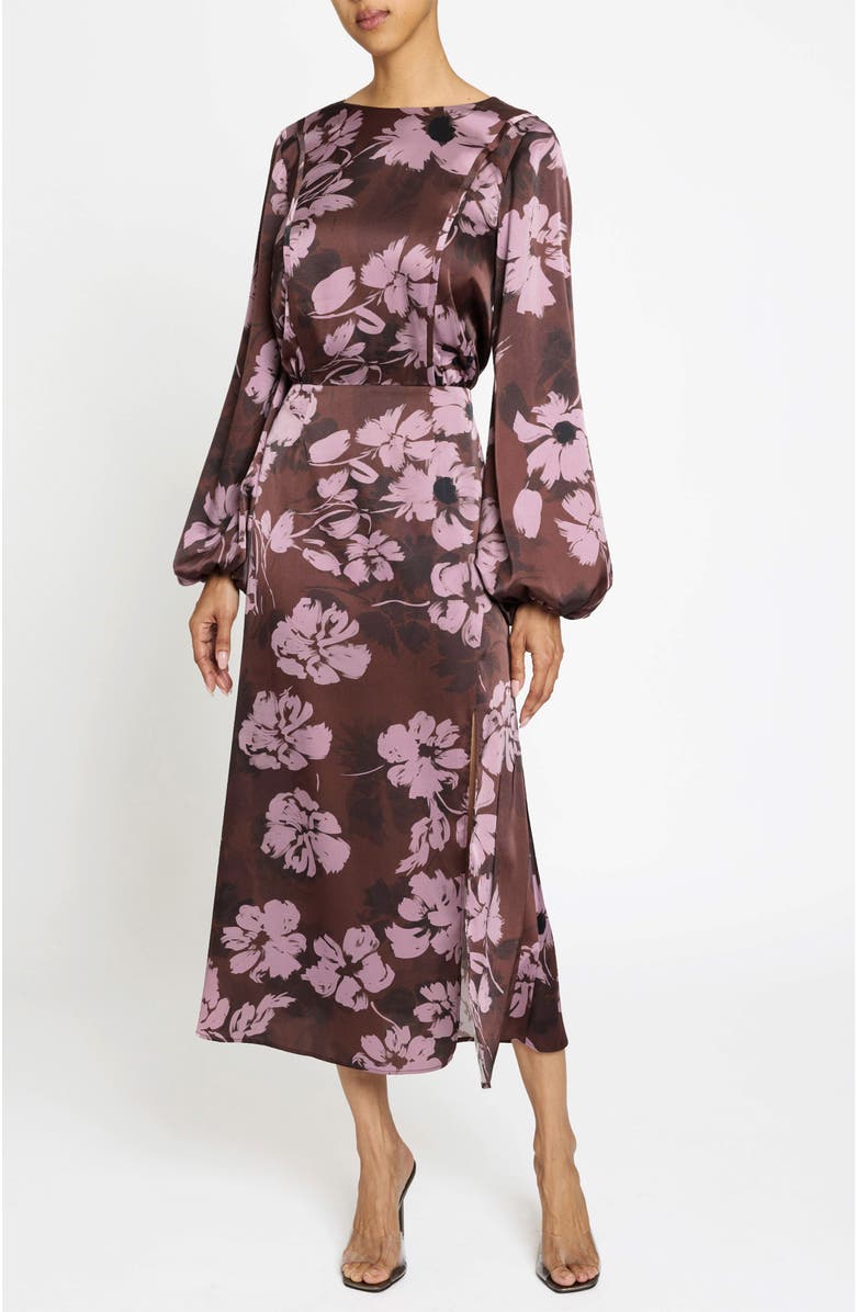 Santorelli Parker Fit and Flare Midi Dress in Floral Twill Crepe, Alternate, color, Raisin
