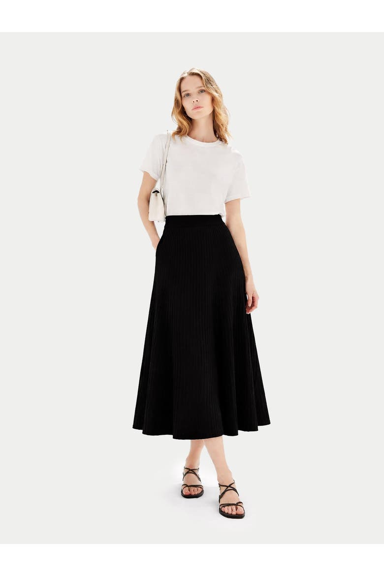 Calf-Length Cashmere Knit Skirt, Alternate, color, black
