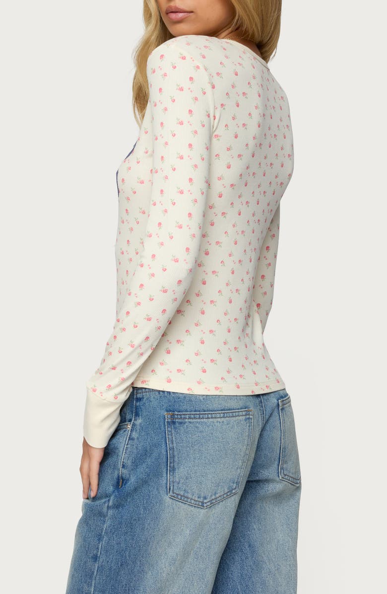 EDIKTED Cali Floral Rib Long Sleeve Top, Alternate, color, Cream