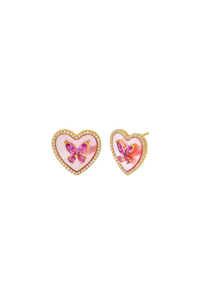 BY ADINA EDEN Pink CZ Butterfly Heart Stone Stud Earring, Main, color, Pink Mother Of Pearl