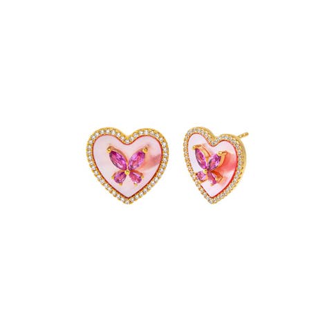 Pink CZ Butterfly Heart Stone Stud Earring