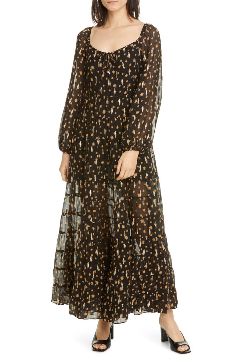 RIXO Cameron Star Print Long Sleeve Metallic Silk Maxi Dress, Main, color, 