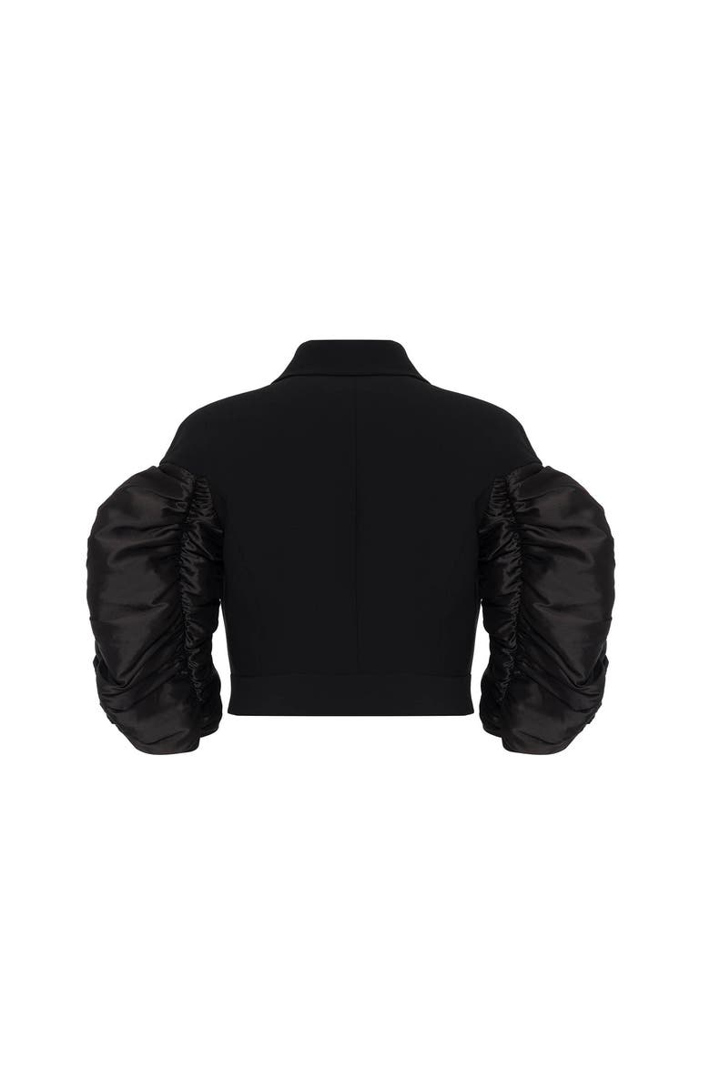 THEO The Label Daphne Ruched Taffeta Sleeve DB Jacket, Alternate, color, Black