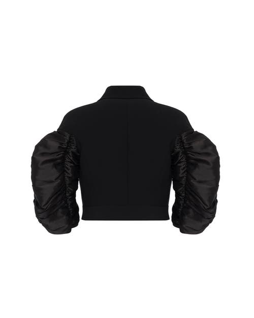 Theo The Label Daphne Ruched Taffeta Sleeve Db Jacket In Black