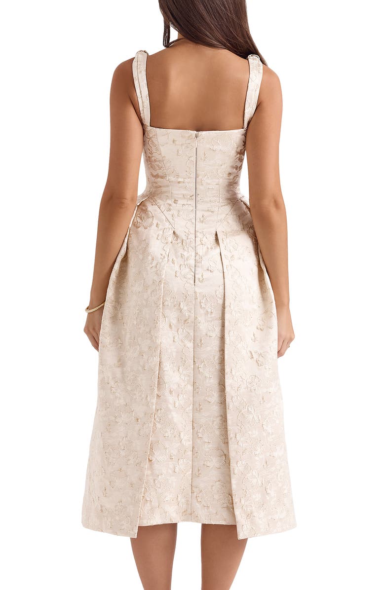 HOUSE OF CB Paloma Plunge Neck Twist Strap Metallic Jacquard Midi Dress, Alternate, color, Ivory