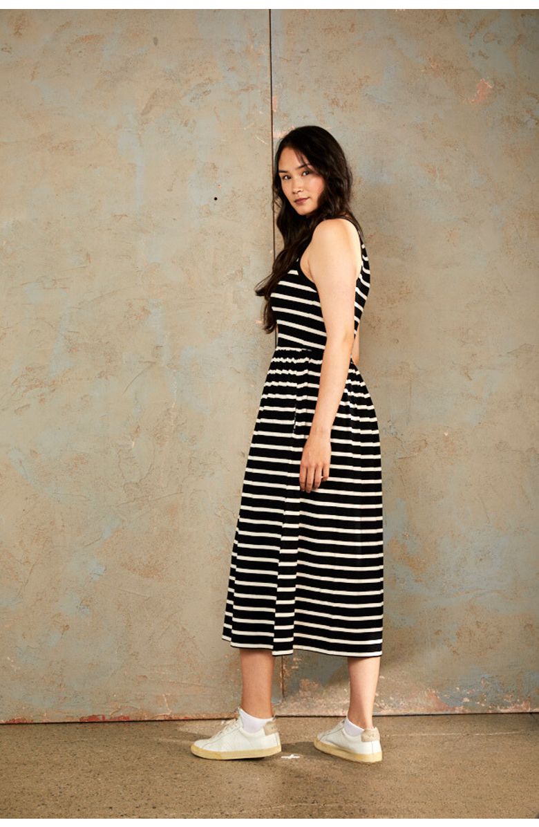 The Bshirt Women's Racer Back Gathered Dress, Alternate, color, Black / White Stripe