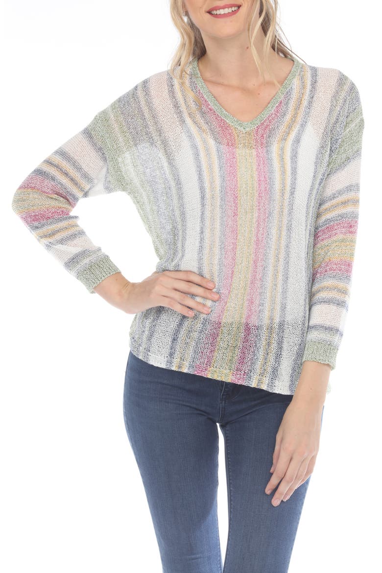 Stripe V-Neck Long Sleeve Openwork Knit Top, Main, color, OLIVE