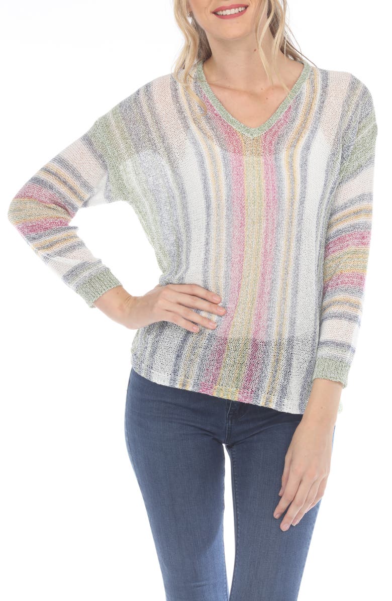 RAIN AND ROSE Stripe V-Neck Long Sleeve Openwork Knit Top, Main, color, Olive