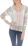 RAIN AND ROSE Stripe V-Neck Long Sleeve Openwork Knit Top